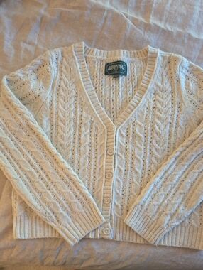 American Eagle Outfitters Cream Cable Knit Button-Front Sweater